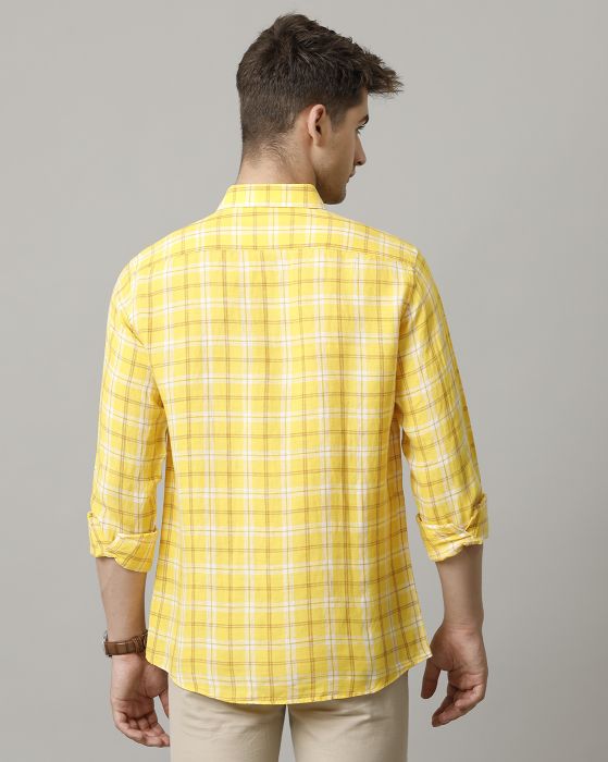 Linen Club Men's Pure Linen Yellow Checked Contemporary fit Full sleeve Casual Shirt