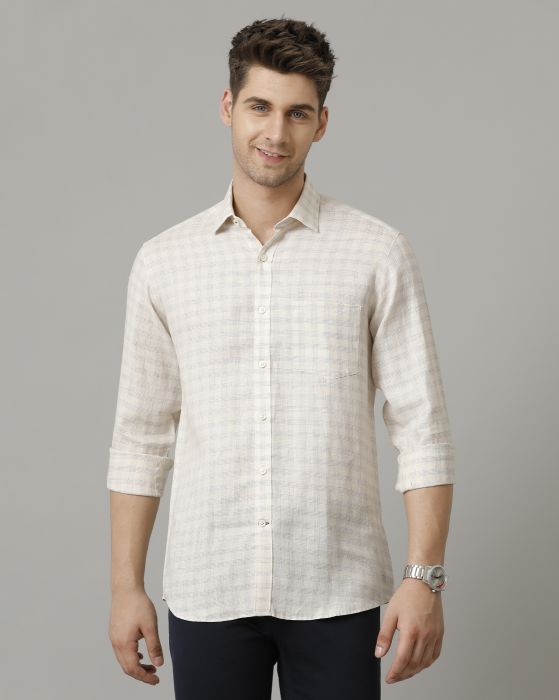 Linen Club Men's Pure Linen Beige Checked Contemporary fit Full sleeve Casual Shirt