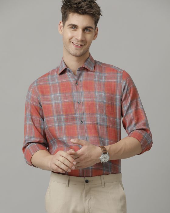 Linen Club Men's Pure Linen Red Checked Contemporary fit Full sleeve Casual Shirt
