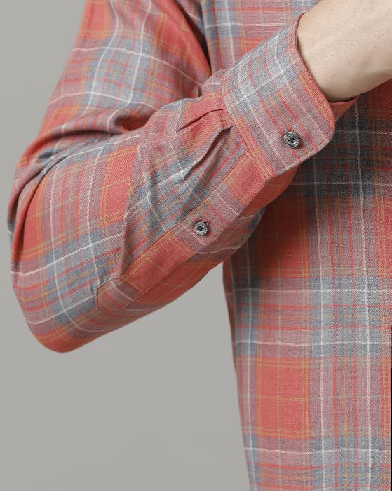 Linen Club Men's Pure Linen Red Checked Contemporary fit Full sleeve Casual Shirt