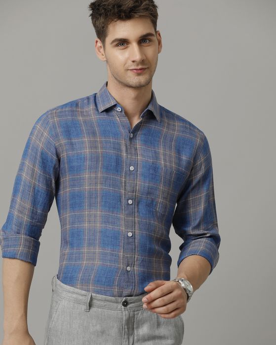 Linen Club Men's Pure Linen Blue Checked Contemporary fit Full sleeve Casual Shirt