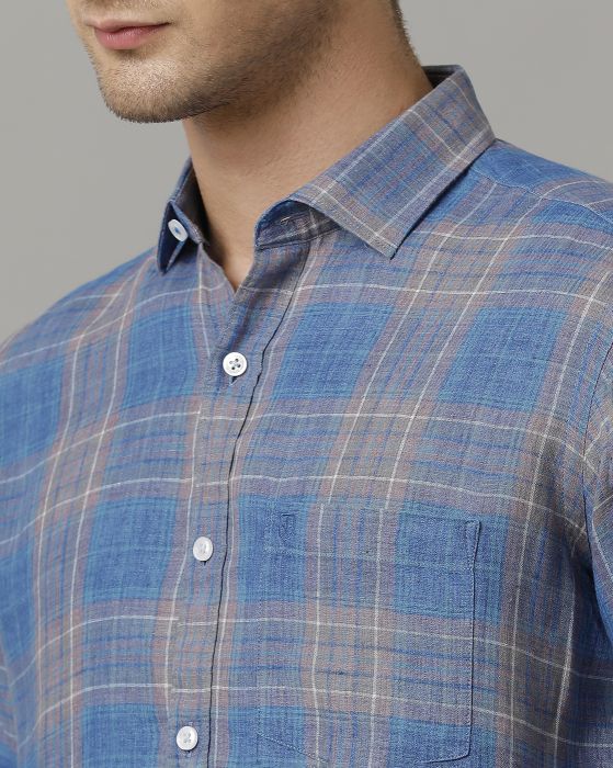 Linen Club Men's Pure Linen Blue Checked Contemporary fit Full sleeve Casual Shirt