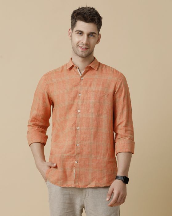 Linen Club Men's Pure Linen Orange Checked Contemporary fit Full sleeve Casual Shirt