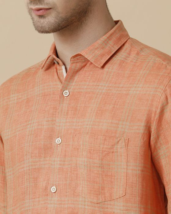 Linen Club Men's Pure Linen Orange Checked Contemporary fit Full sleeve Casual Shirt