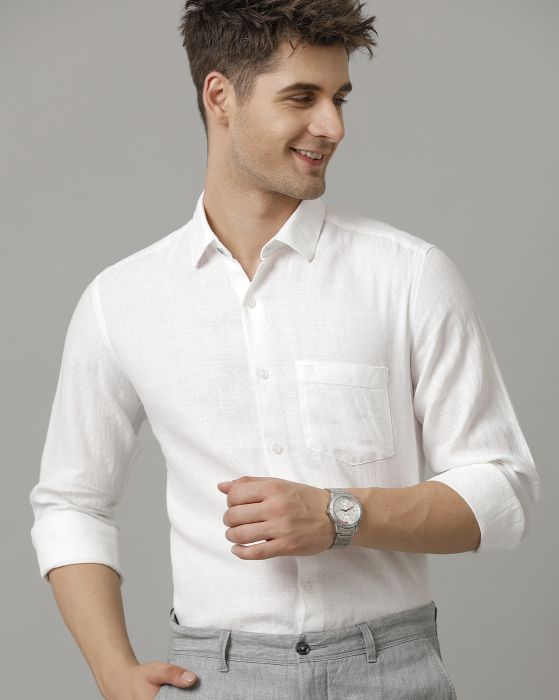 Linen Club Men's Pure Linen White Solid Contemporary fit Full sleeve Casual Shirt