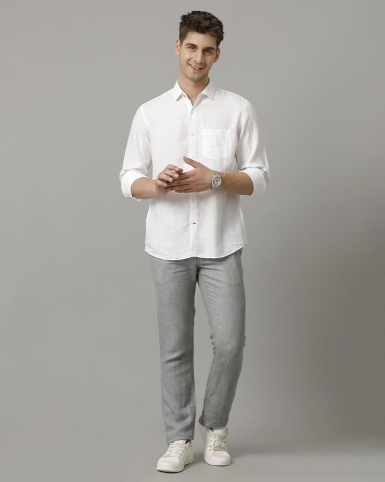 Linen Club Men's Pure Linen White Solid Contemporary fit Full sleeve Casual Shirt