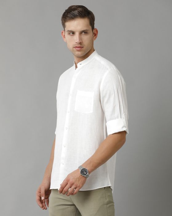 Linen Club Men's Pure Linen White Dobby Regular Fit Full Sleeve Casual Shirt