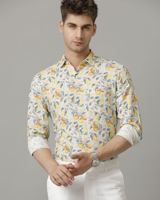 Linen Club Men's Linen Rich Yellow Printed Contemporary fit Full sleeve Casual Shirt