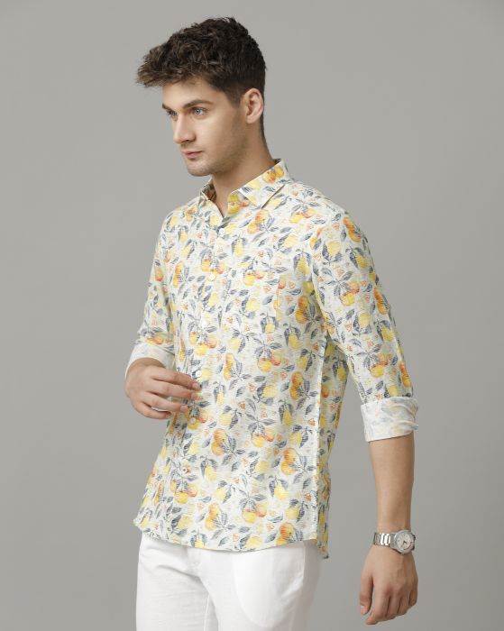 Linen Club Men's Linen Rich Yellow Printed Contemporary fit Full sleeve Casual Shirt
