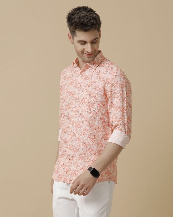Linen Club Men's Linen Rich Pink Printed Contemporary fit Full sleeve Casual Shirt