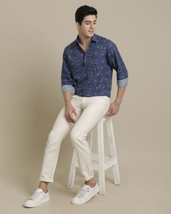 Linen Club Men's Pure Linen Navy Blue Printed Regular Fit Full Sleeve Casual Shirt