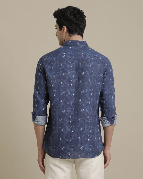 Linen Club Men's Pure Linen Navy Blue Printed Regular Fit Full Sleeve Casual Shirt