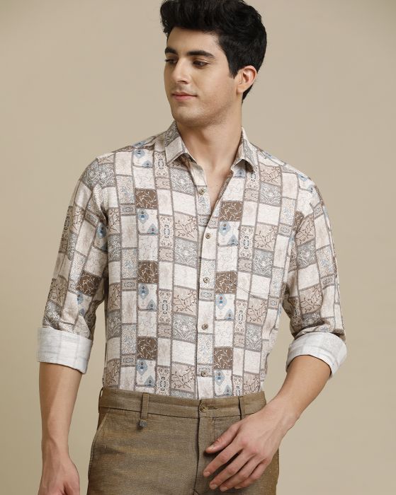 Linen Club Men's Pure Linen Multi Printed Regular Fit Full Sleeve Casual Shirt