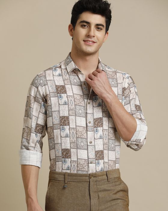 Linen Club Men's Pure Linen Multi Printed Regular Fit Full Sleeve Casual Shirt