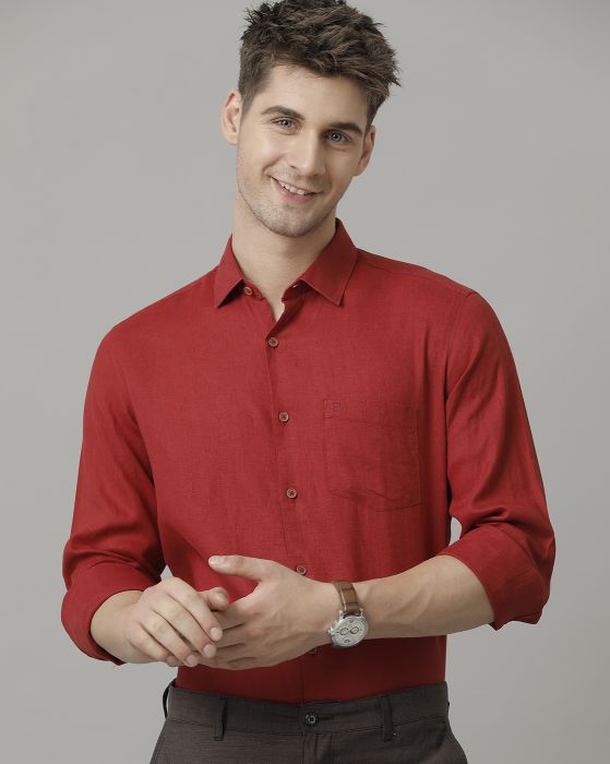 Linen Club Men's Pure Linen Red Solid Contemporary fit Full sleeve Casual Shirt