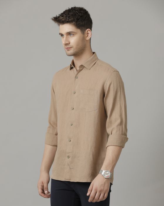Linen Club Men's Pure Linen Brown Solid Contemporary fit Full sleeve Casual Shirt