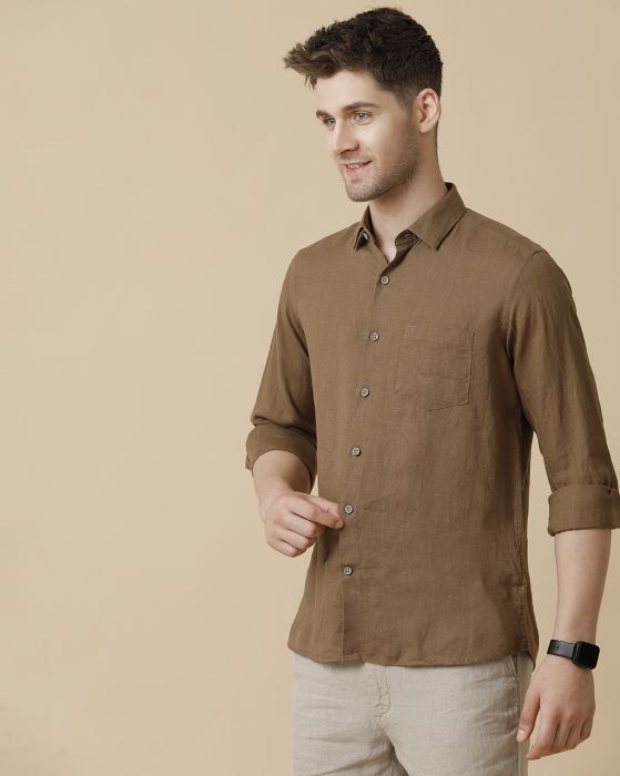 Linen Club Men's Pure Linen Brown Solid Contemporary fit Full sleeve Casual Shirt