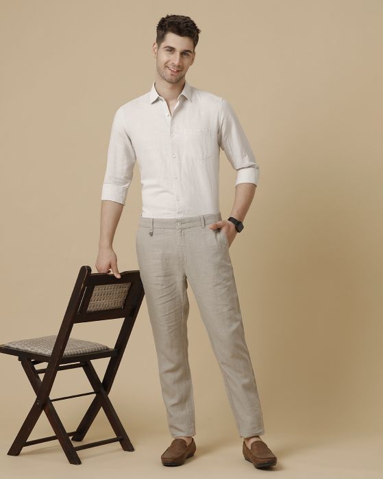 Linen Club Men's Linen Rich Beige Solid Contemporary fit Full sleeve Casual Shirt