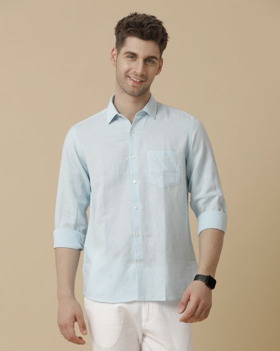 Linen Club Men's Linen Rich Blue Solid Contemporary fit Full sleeve Casual Shirt