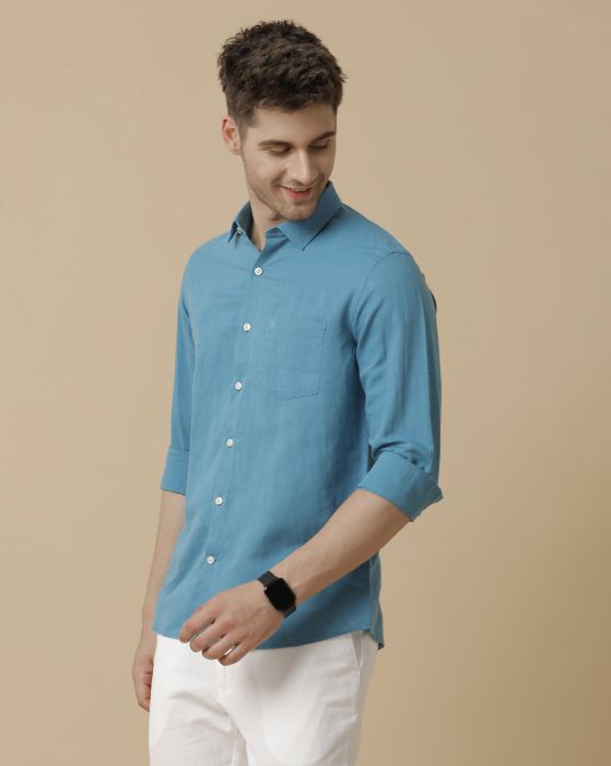 Linen Club Men's Linen Rich Blue Solid Contemporary fit Full sleeve Casual Shirt