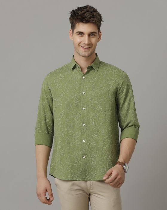 Linen Club Men's Linen Rich Green Printed Contemporary fit Full sleeve Casual Shirt