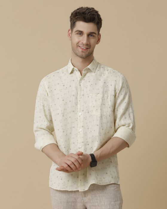 Linen Club Men's Pure Linen Yellow Printed Contemporary fit Full sleeve Casual Shirt