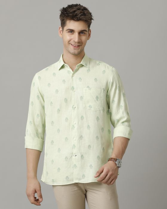 Linen Club Men's Pure Linen Green Printed Contemporary fit Full sleeve Casual Shirt