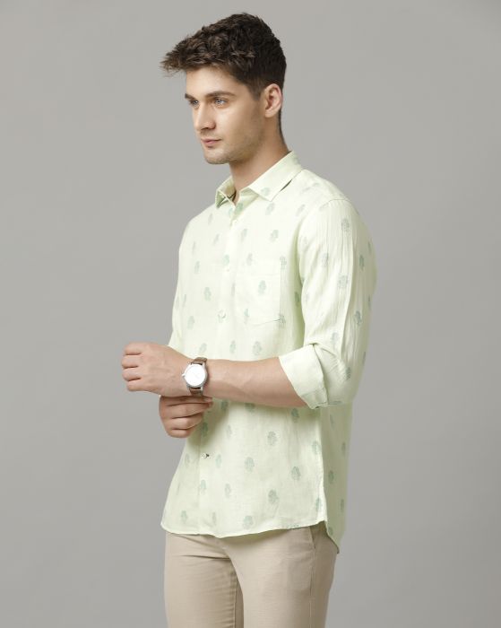 Linen Club Men's Pure Linen Green Printed Contemporary fit Full sleeve Casual Shirt