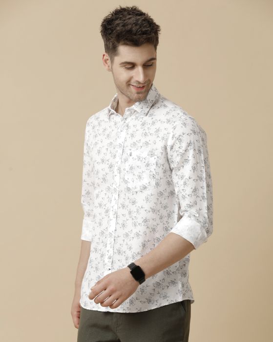 Linen Club Men's Linen Rich White Printed Contemporary fit Full sleeve Casual Shirt