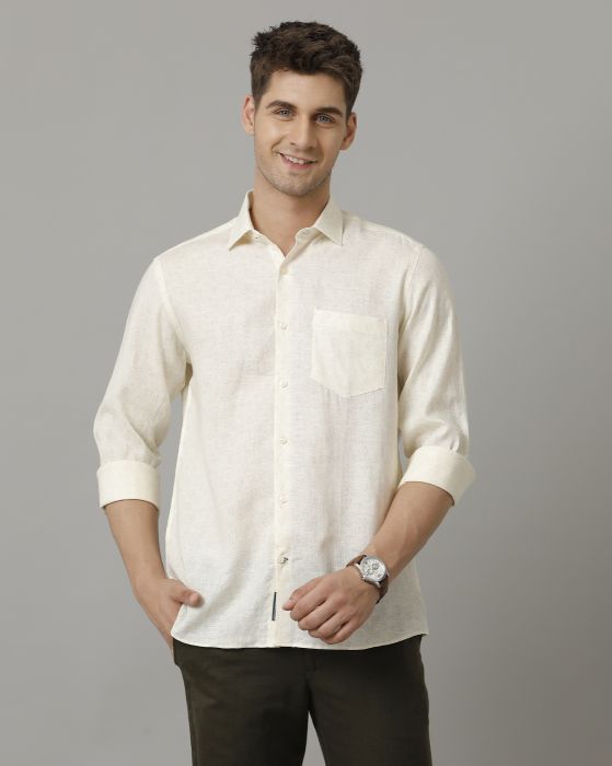 Linen Club Men's Pure Linen Beige Printed Contemporary fit Full sleeve Casual Shirt