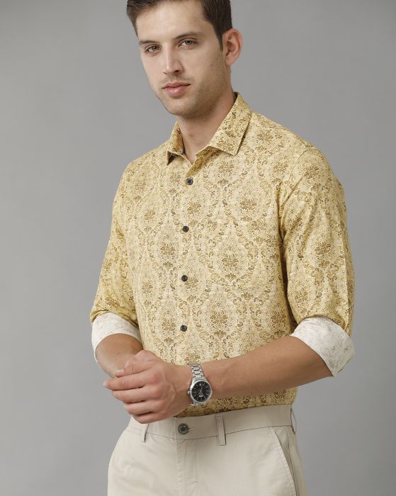 Linen Club Men's Pure Linen Yellow Printed Regular Fit Full Sleeve Casual Shirt