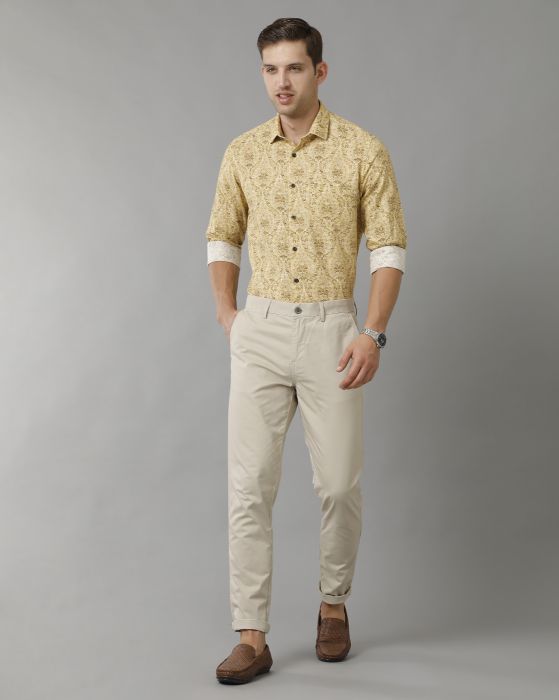 Linen Club Men's Pure Linen Yellow Printed Regular Fit Full Sleeve Casual Shirt