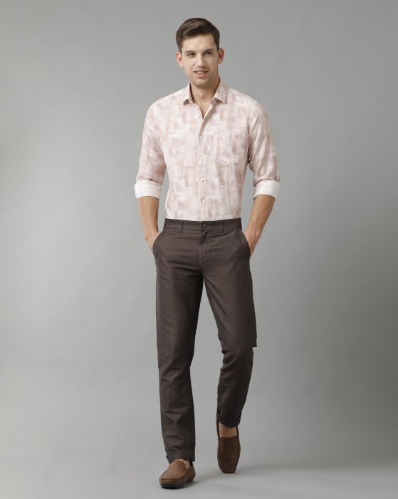 Linen Club Men's Pure Linen Pink Printed Regular Fit Full Sleeve Casual Shirt