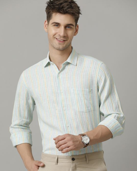 Linen Club Men's Pure Linen Green Striped Contemporary fit Full sleeve Casual Shirt