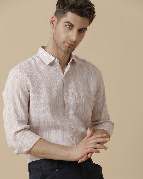 Linen Club Men's Pure Linen Pink Striped Contemporary fit Full sleeve Casual Shirt