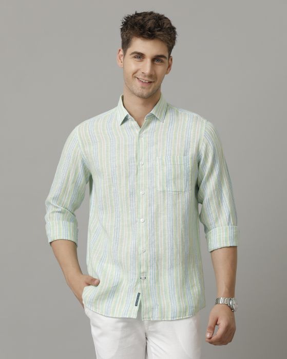 Linen Club Men's Pure Linen Green Striped Contemporary fit Full sleeve Casual Shirt