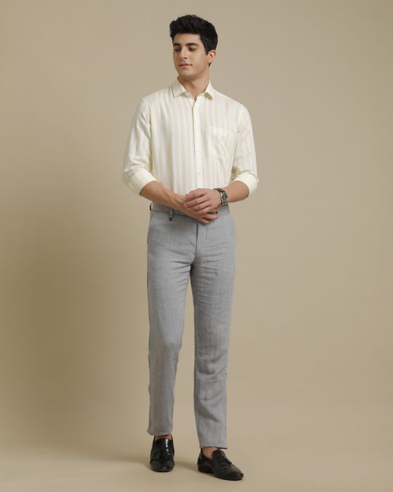 Linen Club Men's Premium Linen Yellow Striped Regular Fit Full Sleeve Casual Shirt