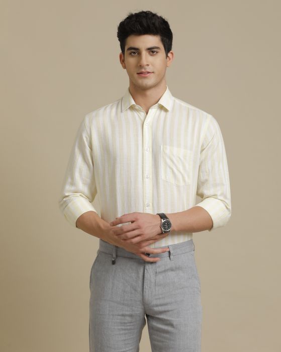 Linen Club Men's Premium Linen Yellow Striped Regular Fit Full Sleeve Casual Shirt