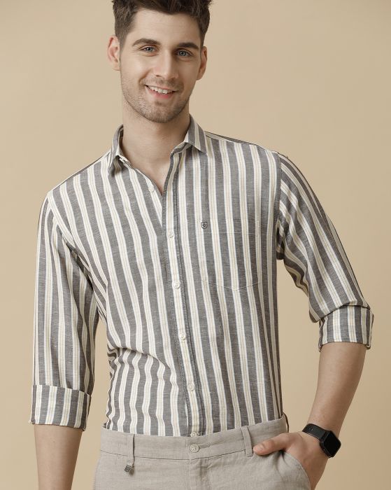 Linen Club Men's Linen Rich Grey Striped Contemporary fit Full sleeve Casual Shirt