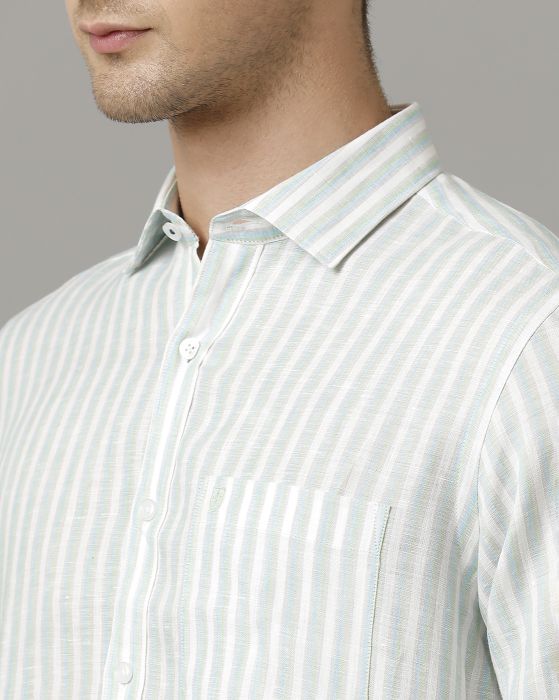 Linen Club Men's Pure Linen Blue Striped Contemporary fit Full sleeve Casual Shirt