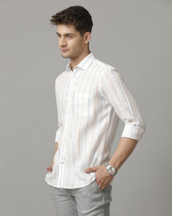 Linen Club Men's Pure Linen Multi Striped Contemporary fit Full sleeve Casual Shirt