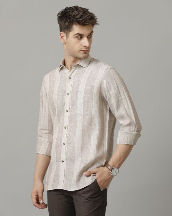 Linen Club Men's Pure Linen Brown Striped Contemporary fit Full sleeve Casual Shirt
