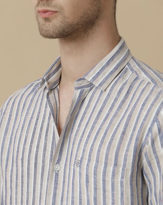 Linen Club Men's Pure Linen Grey Striped Contemporary fit Full sleeve Casual Shirt