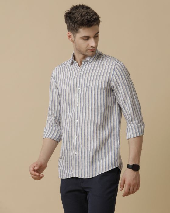 Linen Club Men's Pure Linen Grey Striped Contemporary fit Full sleeve Casual Shirt