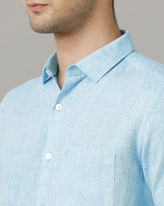 Linen Club Men's Pure Linen Blue Chambray Contemporary fit Half Sleeve Casual Shirt