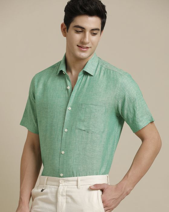 Linen Club Men's Pure Linen Green Chambray Regular Fit Half Sleeve Casual Shirt