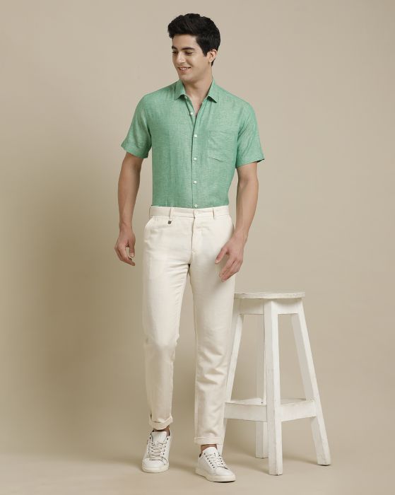 Linen Club Men's Pure Linen Green Chambray Regular Fit Half Sleeve Casual Shirt