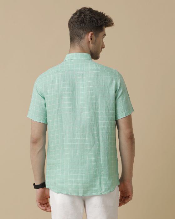 Linen Club Men's Pure Linen Green Checked Contemporary fit Half Sleeve Casual Shirt