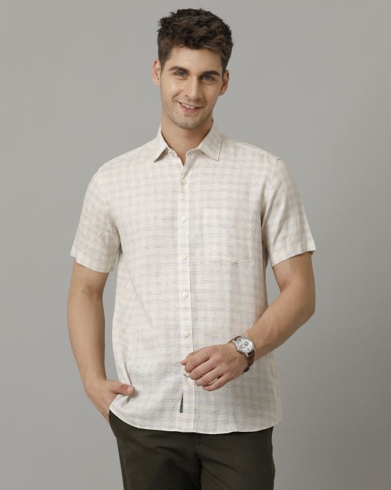 Linen Club Men's Pure Linen Beige Checked Contemporary fit Half Sleeve Casual Shirt