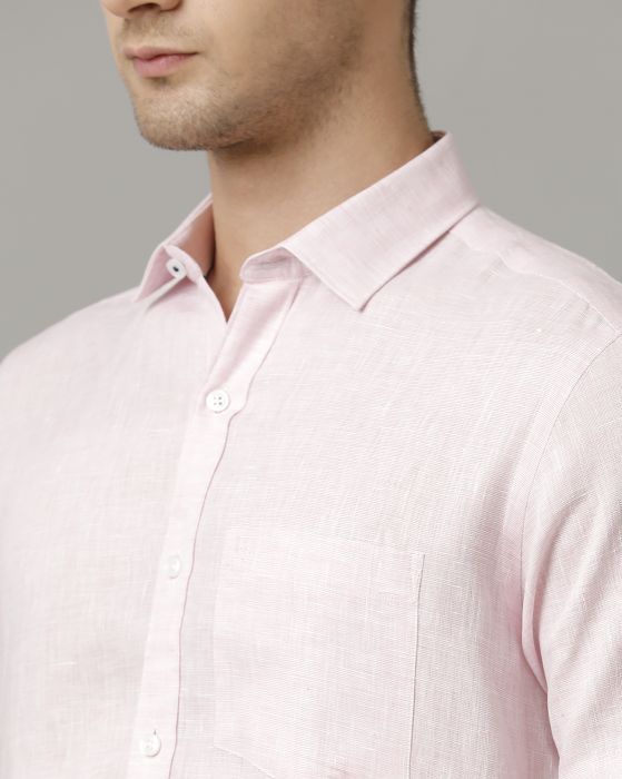 Linen Club Men's Pure Linen Pink Solid Contemporary fit Half Sleeve Casual Shirt